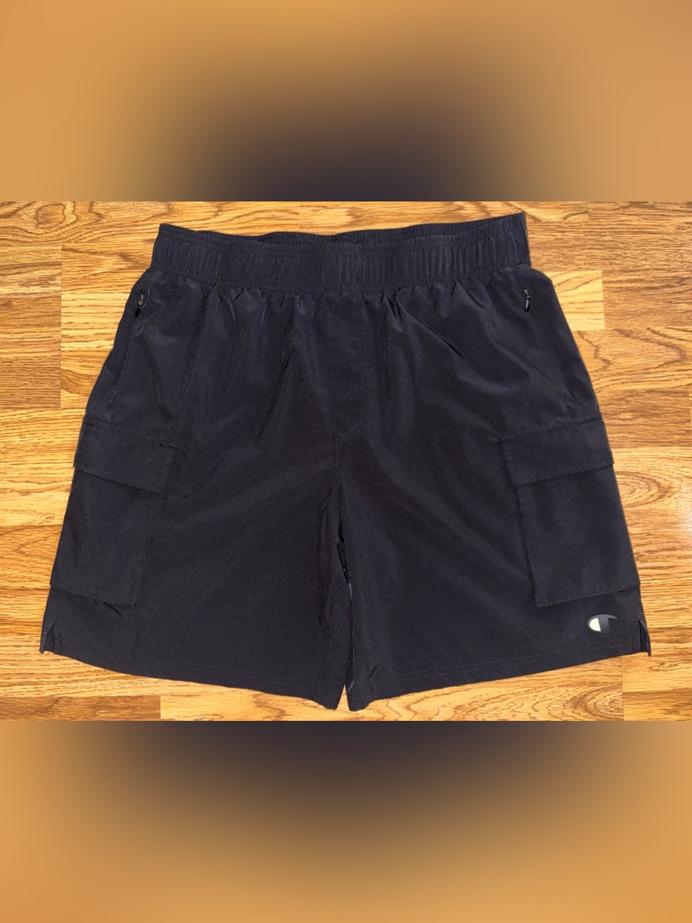 Champion Athletic Cargo Shorts Men’s Size Large Black White Logo Pockets Stretch